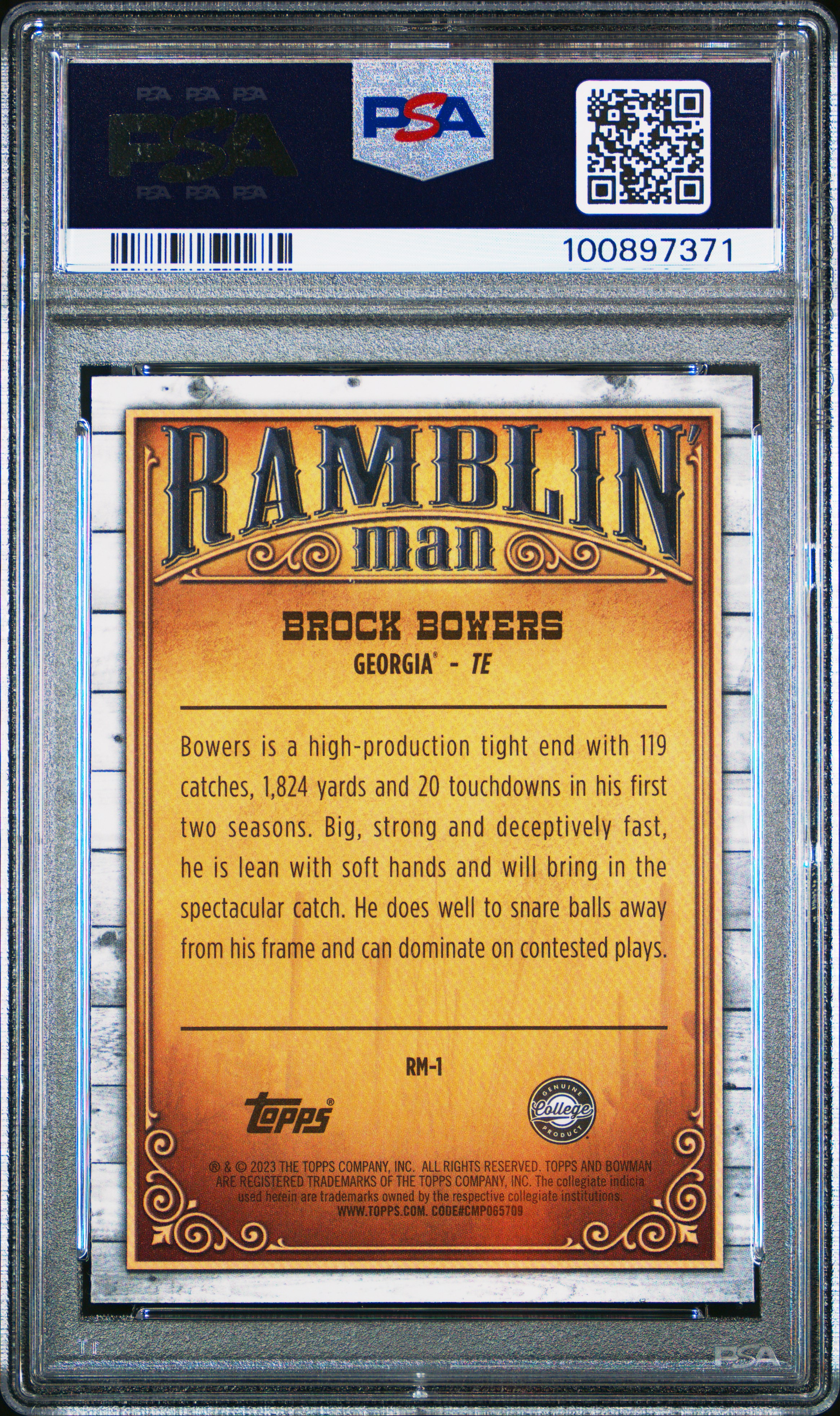 Brock Bowers 2023 Bowman University Chrome Ramblin' Man #RM1 RC (PSA 10) at PristineAuction.com Brock Bowers 2023 Bowman University Chrome Ramblin' Man #RM1 RC (PSA 10) at PristineAuction.com