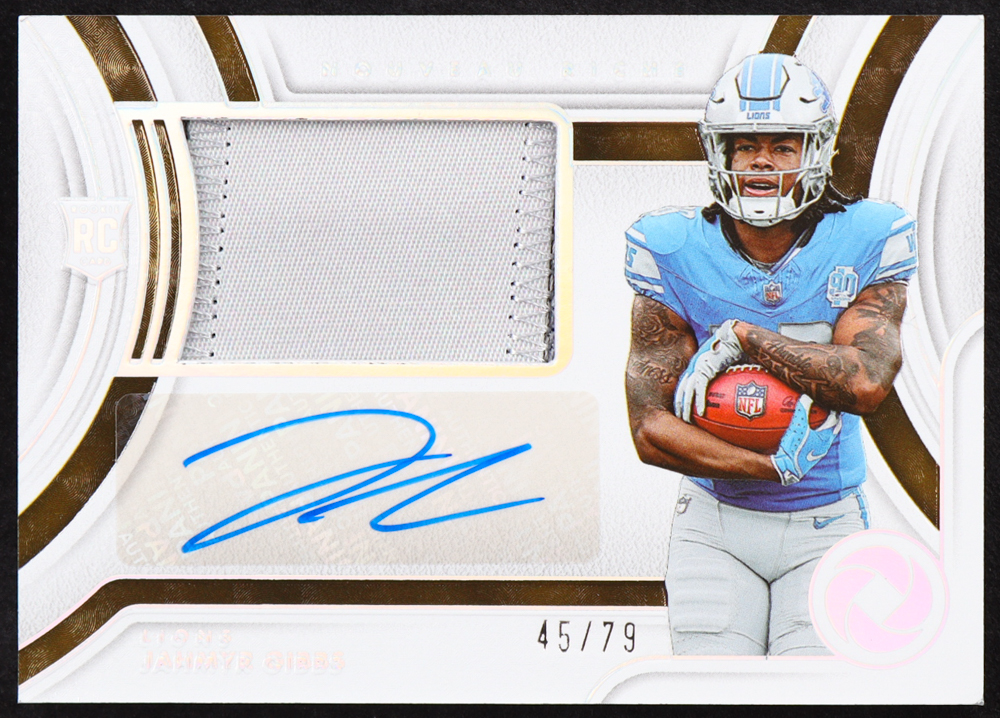 Jahmyr Gibbs 2023 Panini Gold Standard Nouveau Riche Patch Autographs #19 RC #45/79 at PristineAuction.com Jahmyr Gibbs 2023 Panini Gold Standard Nouveau Riche Patch Autographs #19 RC #45/79 at PristineAuction.com