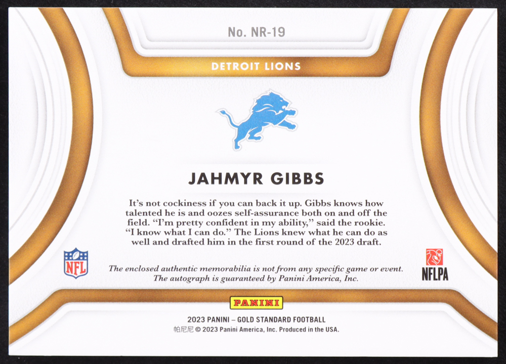 Jahmyr Gibbs 2023 Panini Gold Standard Nouveau Riche Patch Autographs #19 RC #45/79 at PristineAuction.com Jahmyr Gibbs 2023 Panini Gold Standard Nouveau Riche Patch Autographs #19 RC #45/79 at PristineAuction.com
