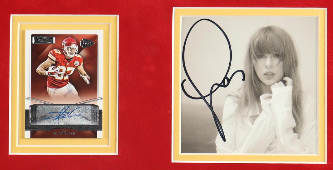 Taylor Swift Signed "The Tortured Poets Department" Custom Framed CD Insert Display with Travis Kelce 2015 Donruss Signature Series Auto #68 (JSA) at PristineAuction.com Taylor Swift Signed "The Tortured Poets Department" Custom Framed CD Insert Display with Travis Kelce 2015 Donruss Signature Series Auto #68 (JSA) at PristineAuction.com