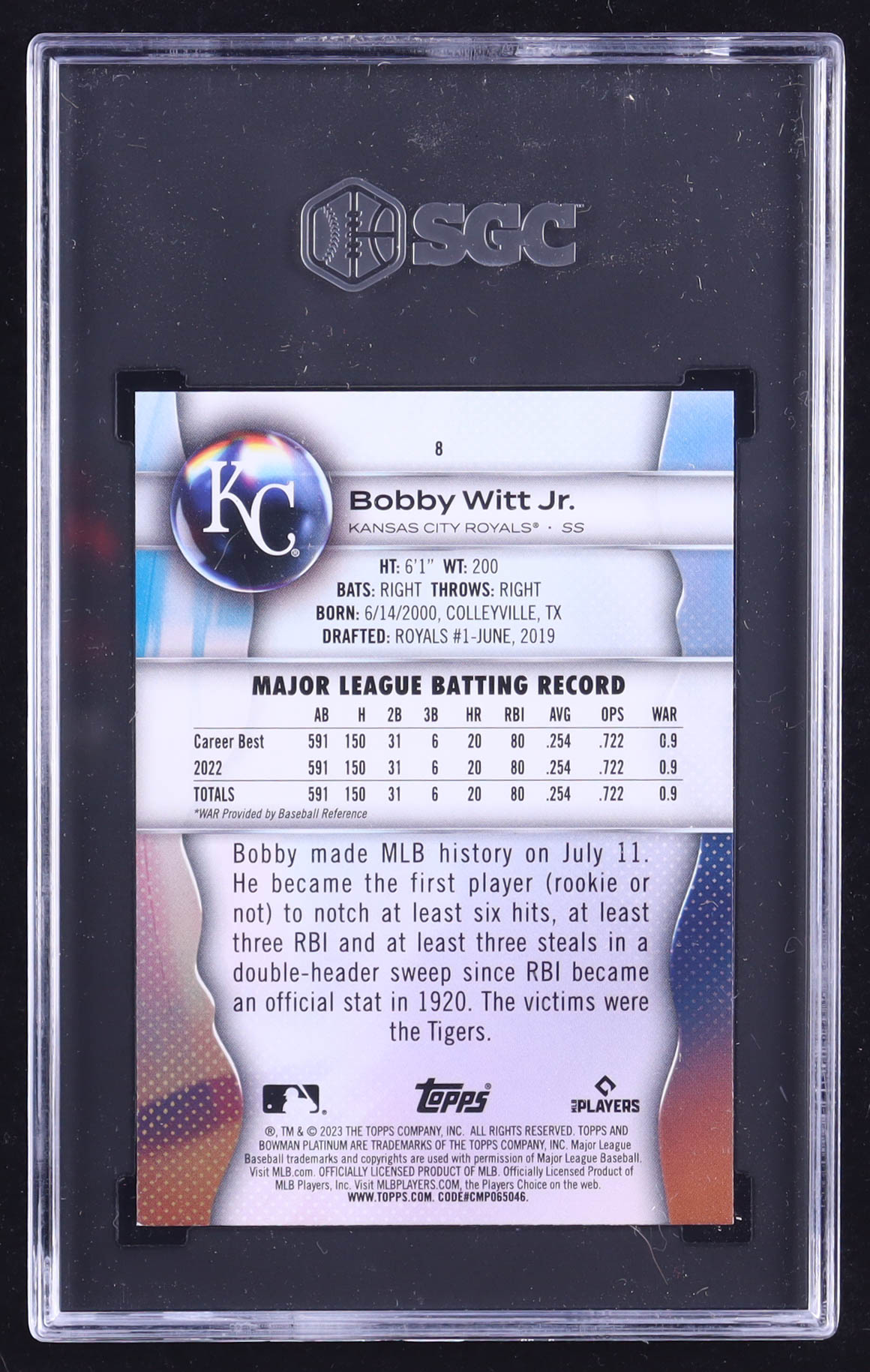 Bobby Witt Jr. 2023 Bowman Platinum #8 (SGC 9.5) at PristineAuction.com Bobby Witt Jr. 2023 Bowman Platinum #8 (SGC 9.5) at PristineAuction.com