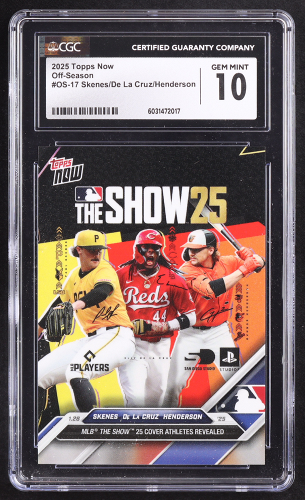 Paul Skenes RC / Elly De La Cruz RC / Gunnar Henderson 2024 Topps Now Offseason #OS17 The Show 25 (CGC 10) at PristineAuction.com Paul Skenes RC / Elly De La Cruz RC / Gunnar Henderson 2024 Topps Now Offseason #OS17 The Show 25 (CGC 10) at PristineAuction.com
