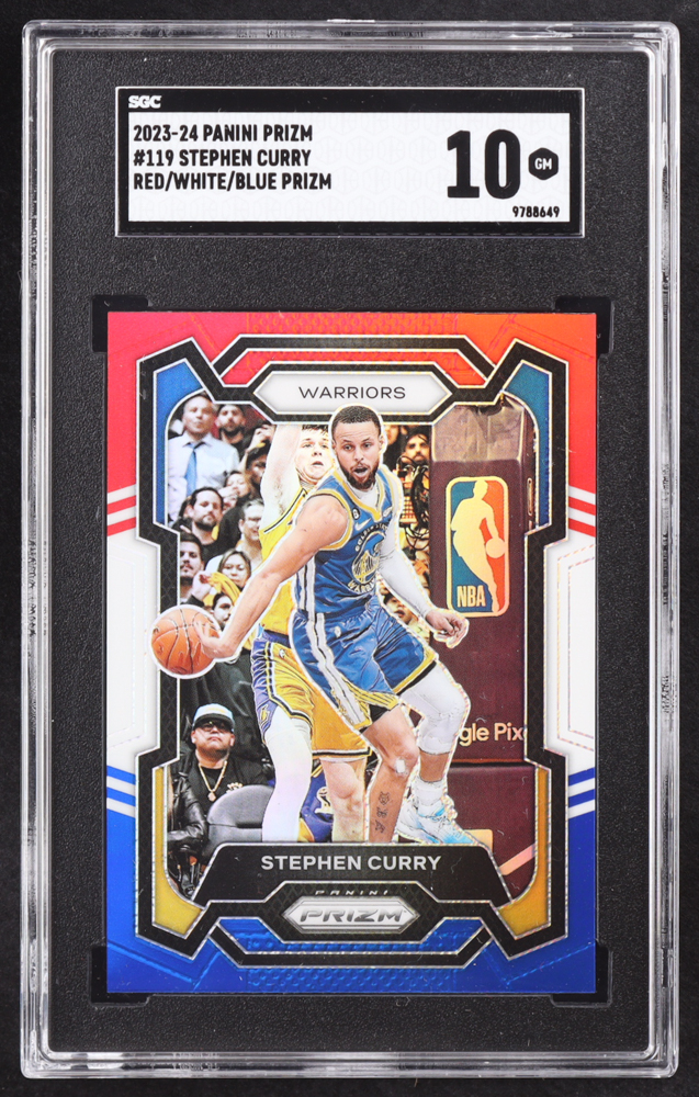 Stephen Curry 2023-24 Panini Prizm Prizms Red White and Blue #119 (SGC 10) at PristineAuction.com Stephen Curry 2023-24 Panini Prizm Prizms Red White and Blue #119 (SGC 10) at PristineAuction.com