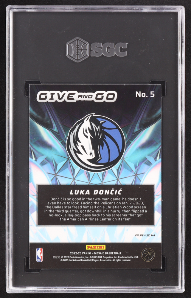 Luka Doncic 2022-23 Panini Mosaic Give and Go Mosaic Green #5 (SGC 9.5) at PristineAuction.com Luka Doncic 2022-23 Panini Mosaic Give and Go Mosaic Green #5 (SGC 9.5) at PristineAuction.com