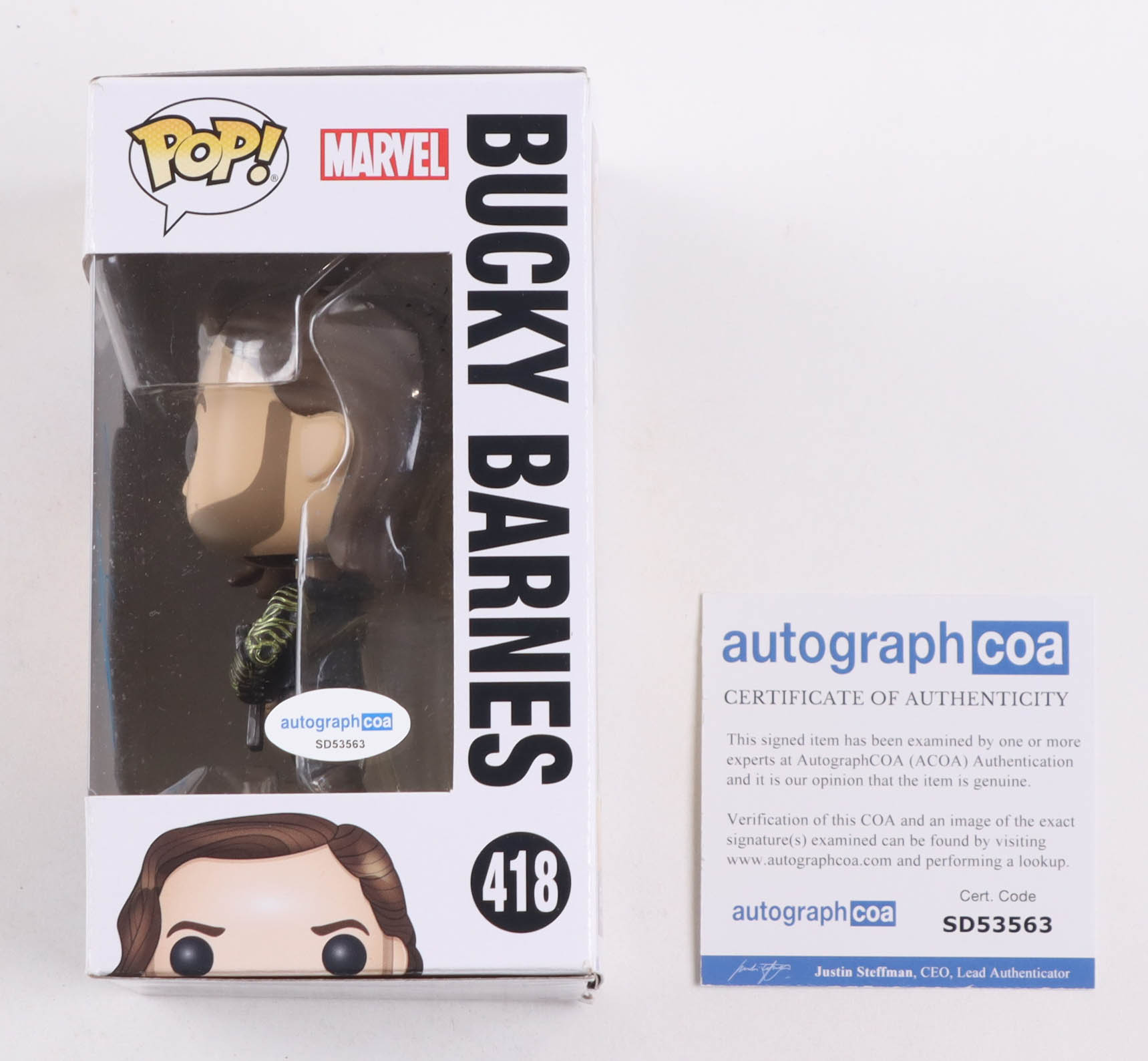 Sebastian Stan Signed "The Avengers: Infinity War" #418 Bucky Barnes Bobble-Head Funko Pop! Vinyl Figure (ACOA) at PristineAuction.com Sebastian Stan Signed "The Avengers: Infinity War" #418 Bucky Barnes Bobble-Head Funko Pop! Vinyl Figure (ACOA) at PristineAuction.com