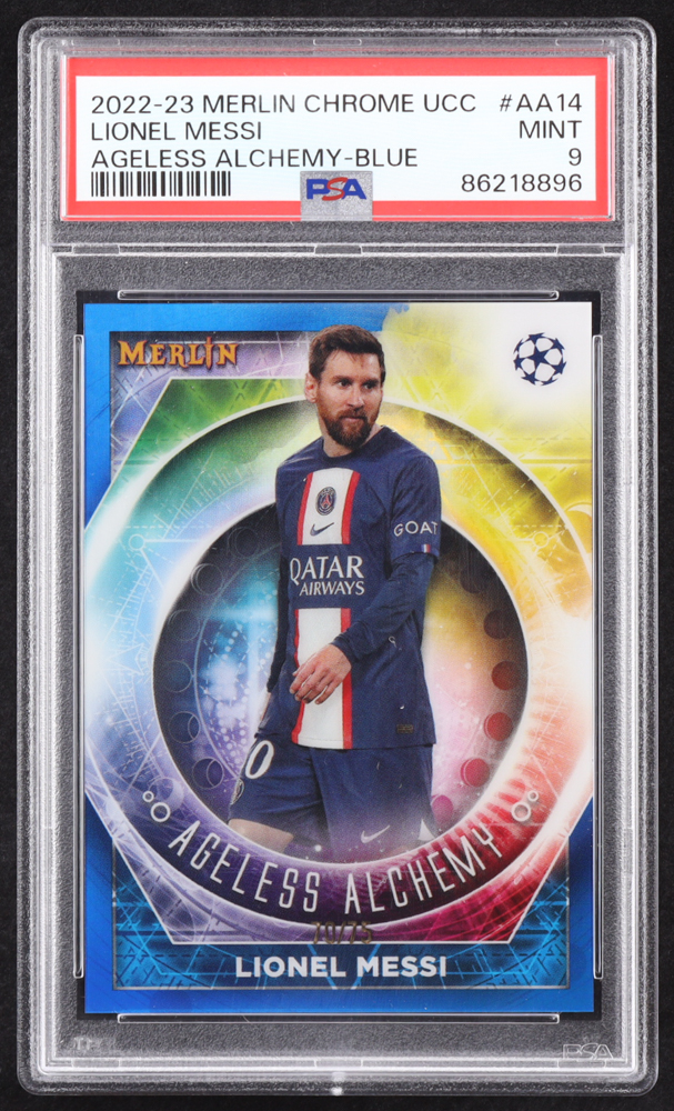 Lionel Messi 2022-23 Topps Merlin UEFA Ageless Alchemy Blue Refractors #AA14 #70/75 (PSA 9) at PristineAuction.com Lionel Messi 2022-23 Topps Merlin UEFA Ageless Alchemy Blue Refractors #AA14 #70/75 (PSA 9) at PristineAuction.com
