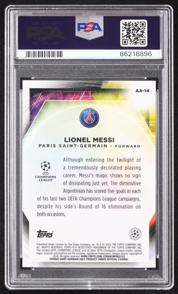 Lionel Messi 2022-23 Topps Merlin UEFA Ageless Alchemy Blue Refractors #AA14 #70/75 (PSA 9) at PristineAuction.com Lionel Messi 2022-23 Topps Merlin UEFA Ageless Alchemy Blue Refractors #AA14 #70/75 (PSA 9) at PristineAuction.com
