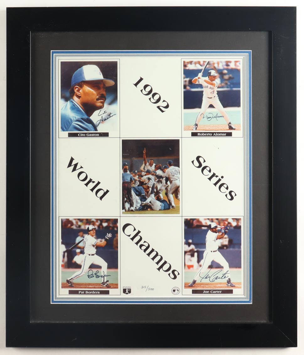 1992 Blue Jays LE World Series Champs Custom Framed Poster Display Signed By (4) With Roberto Alomar, Cito Gaston, Pat Borders & Joe Carter (JSA) at PristineAuction.com 1992 Blue Jays LE World Series Champs Custom Framed Poster Display Signed By (4) With Roberto Alomar, Cito Gaston, Pat Borders & Joe Carter (JSA) at PristineAuction.com