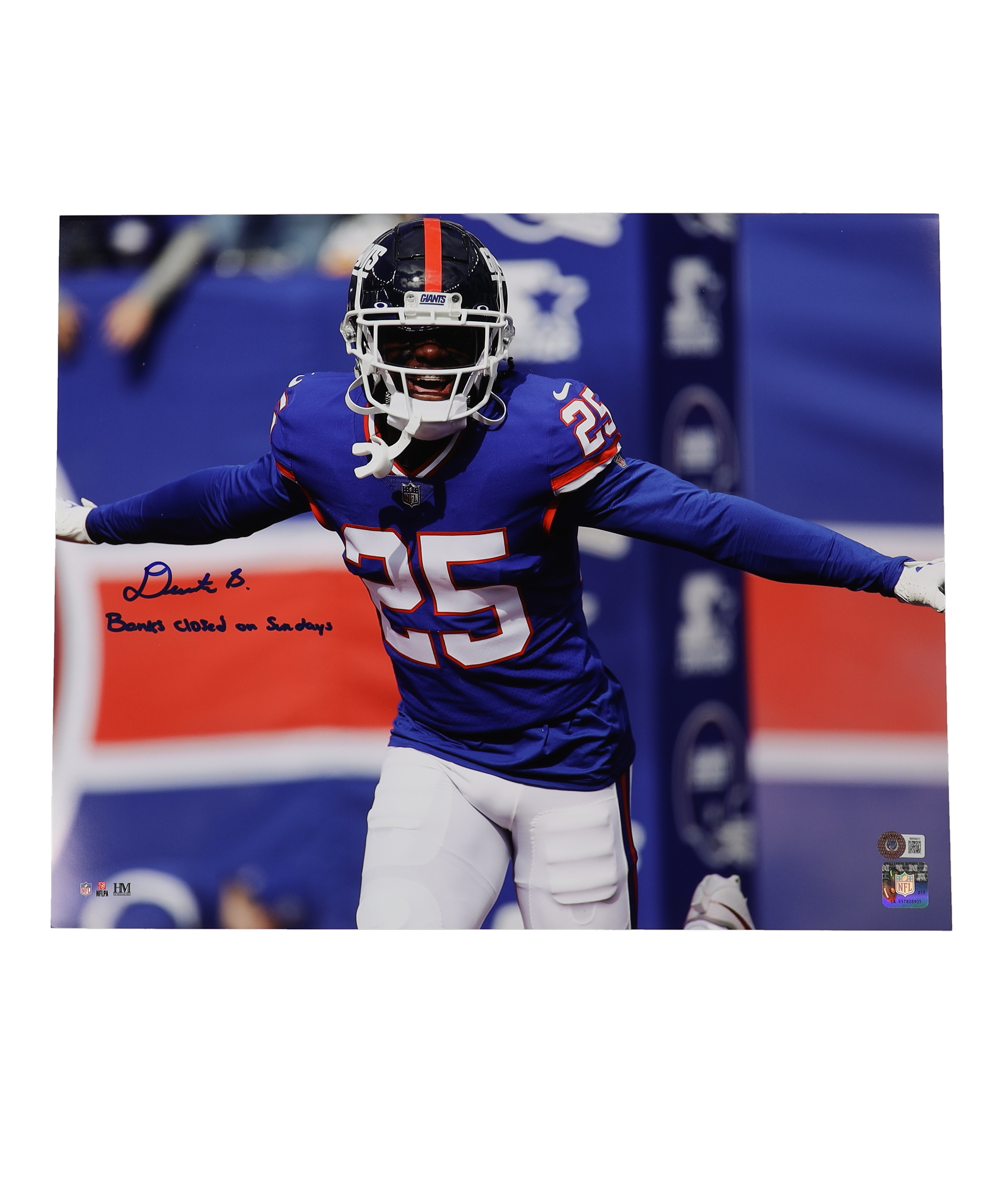 Deonte Banks Signed Giants 16x20 Photo Inscribed "Banks Closed On Sundays" (Beckett) at PristineAuction.com Deonte Banks Signed Giants 16x20 Photo Inscribed "Banks Closed On Sundays" (Beckett) at PristineAuction.com