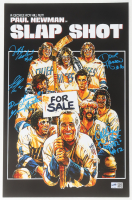 "Slap Shot" 11x17 Movie Poster Photo Signed & Inscribed By (5) with Allan Nicholls, Dave Hanson, Jeff Carlson, Guido Tenesi & Yvon Barrette (TSE) at PristineAuction.com
