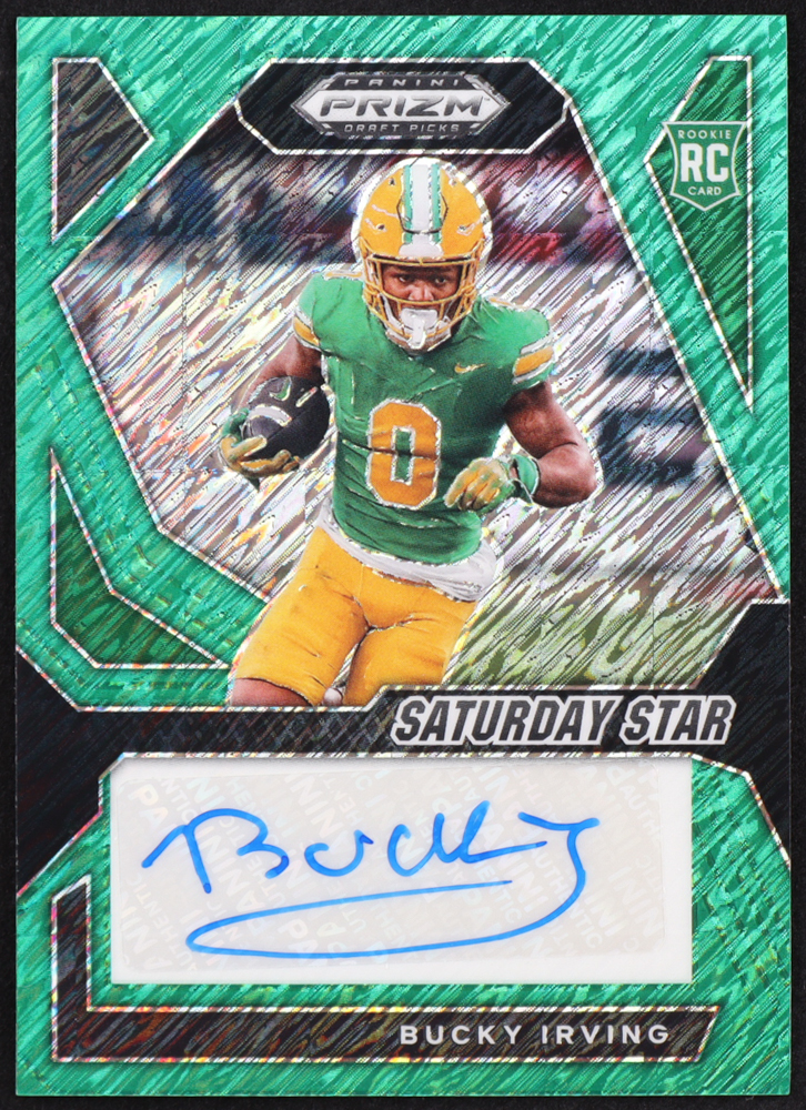 Bucky Irving 2024 Panini Prizm Draft Picks Saturday Star Signatures Green Shimmer #27 #8/8 RC at PristineAuction.com Bucky Irving 2024 Panini Prizm Draft Picks Saturday Star Signatures Green Shimmer #27 #8/8 RC at PristineAuction.com