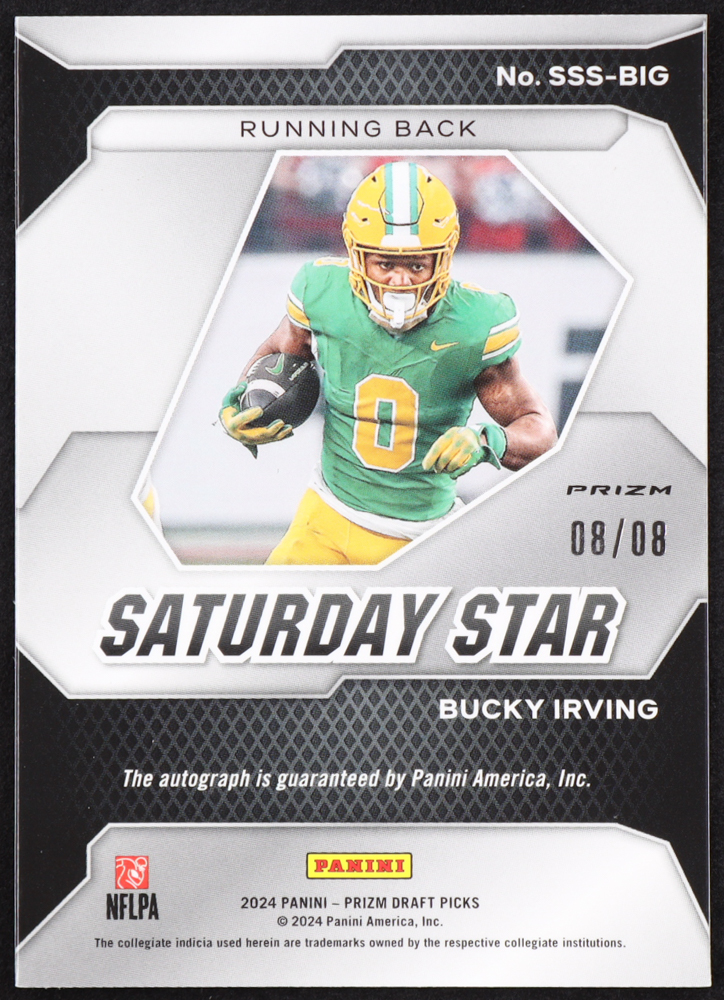 Bucky Irving 2024 Panini Prizm Draft Picks Saturday Star Signatures Green Shimmer #27 #8/8 RC at PristineAuction.com Bucky Irving 2024 Panini Prizm Draft Picks Saturday Star Signatures Green Shimmer #27 #8/8 RC at PristineAuction.com
