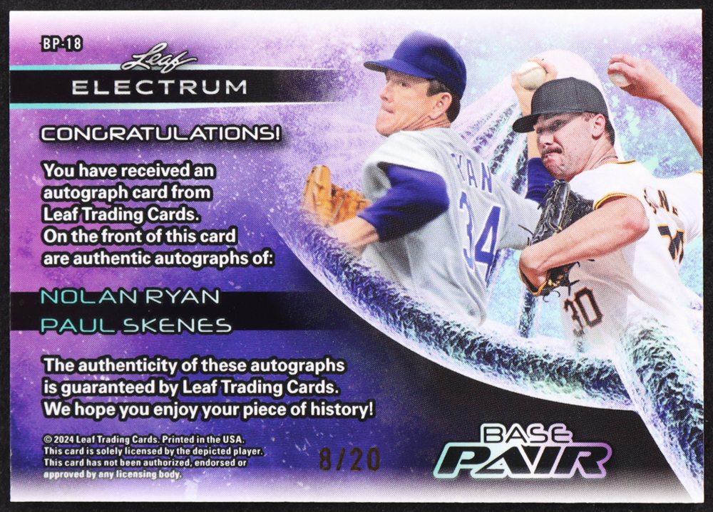 Nolan Ryan / Paul Skenes RC 2024 Leaf Electrum Base Pair Autographs Teal #BP18 #08/20 at PristineAuction.com Nolan Ryan / Paul Skenes RC 2024 Leaf Electrum Base Pair Autographs Teal #BP18 #08/20 at PristineAuction.com