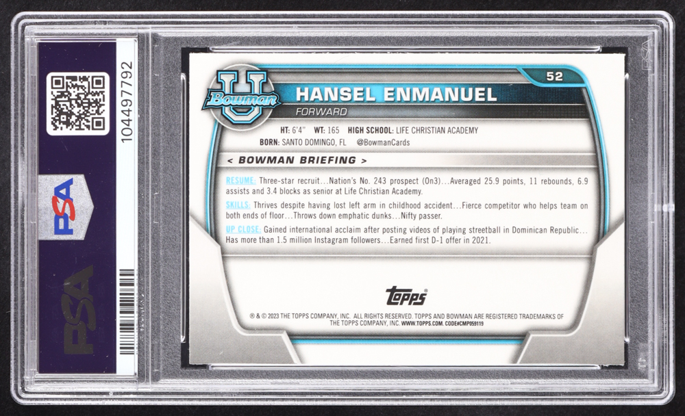Hansel Enmanuel 2022-23 Bowman Chrome University #52 RC (PSA 9) at PristineAuction.com Hansel Enmanuel 2022-23 Bowman Chrome University #52 RC (PSA 9) at PristineAuction.com