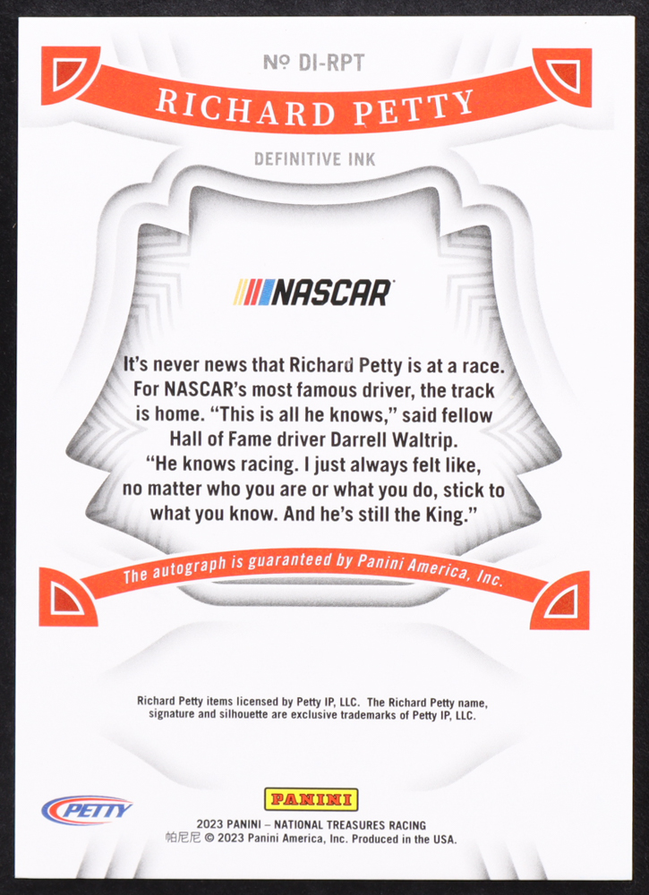 Richard Petty 2023 Panini National Treasures Definitive Ink #10 #05/25 at PristineAuction.com Richard Petty 2023 Panini National Treasures Definitive Ink #10 #05/25 at PristineAuction.com