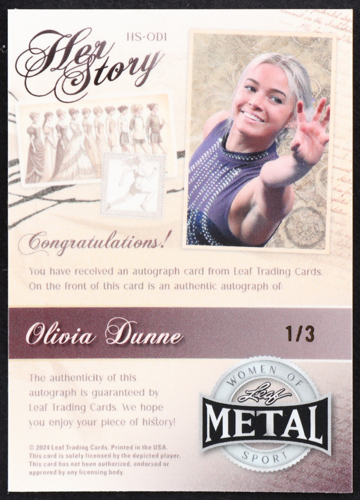 Olivia Dunne 2024 Leaf Metal Her Story Autograph Pulsar Orange #HSOD1 #1/3 at PristineAuction.com Olivia Dunne 2024 Leaf Metal Her Story Autograph Pulsar Orange #HSOD1 #1/3 at PristineAuction.com