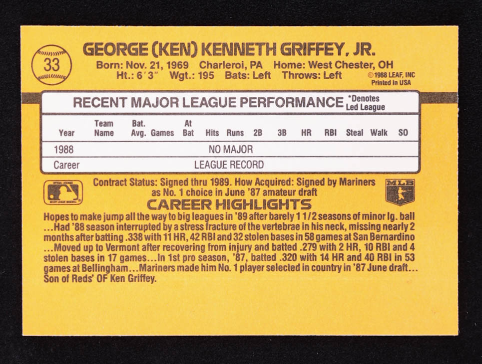 Ken Griffey Jr. 1989 Donruss #33 RR RC at PristineAuction.com Ken Griffey Jr. 1989 Donruss #33 RR RC at PristineAuction.com
