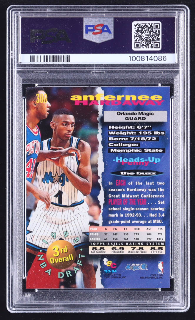 Anfernee Hardaway 1993-94 Stadium Club #308 RC (PSA 9) at PristineAuction.com Anfernee Hardaway 1993-94 Stadium Club #308 RC (PSA 9) at PristineAuction.com