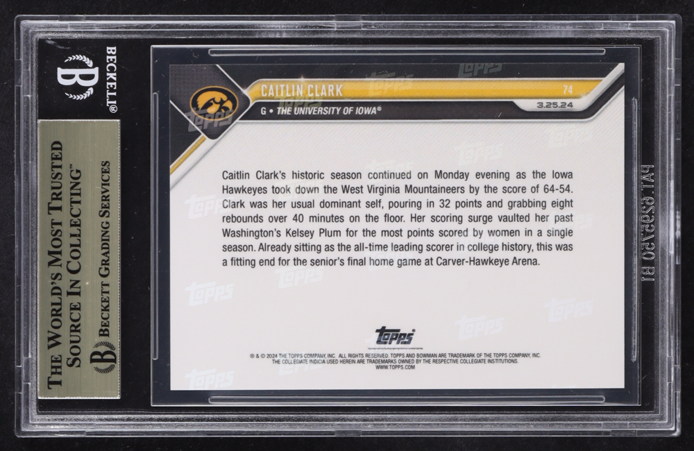 Caitlin Clark 2023-24 Bowman University Now #74 RC (BGS 10) at PristineAuction.com Caitlin Clark 2023-24 Bowman University Now #74 RC (BGS 10) at PristineAuction.com