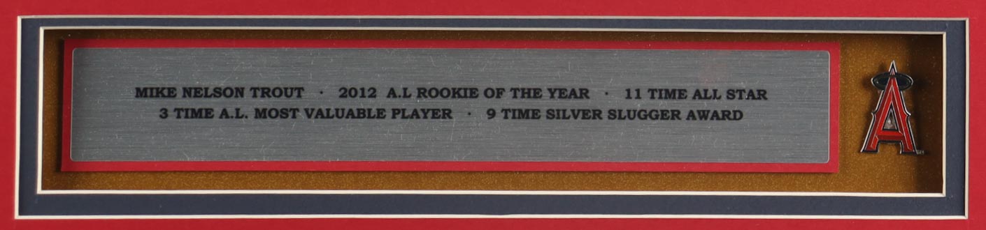 Mike Trout Custom Framed Jersey Display With Team Logo Pin & (2) Cloth Team Logo Patches at PristineAuction.com Mike Trout Custom Framed Jersey Display With Team Logo Pin & (2) Cloth Team Logo Patches at PristineAuction.com