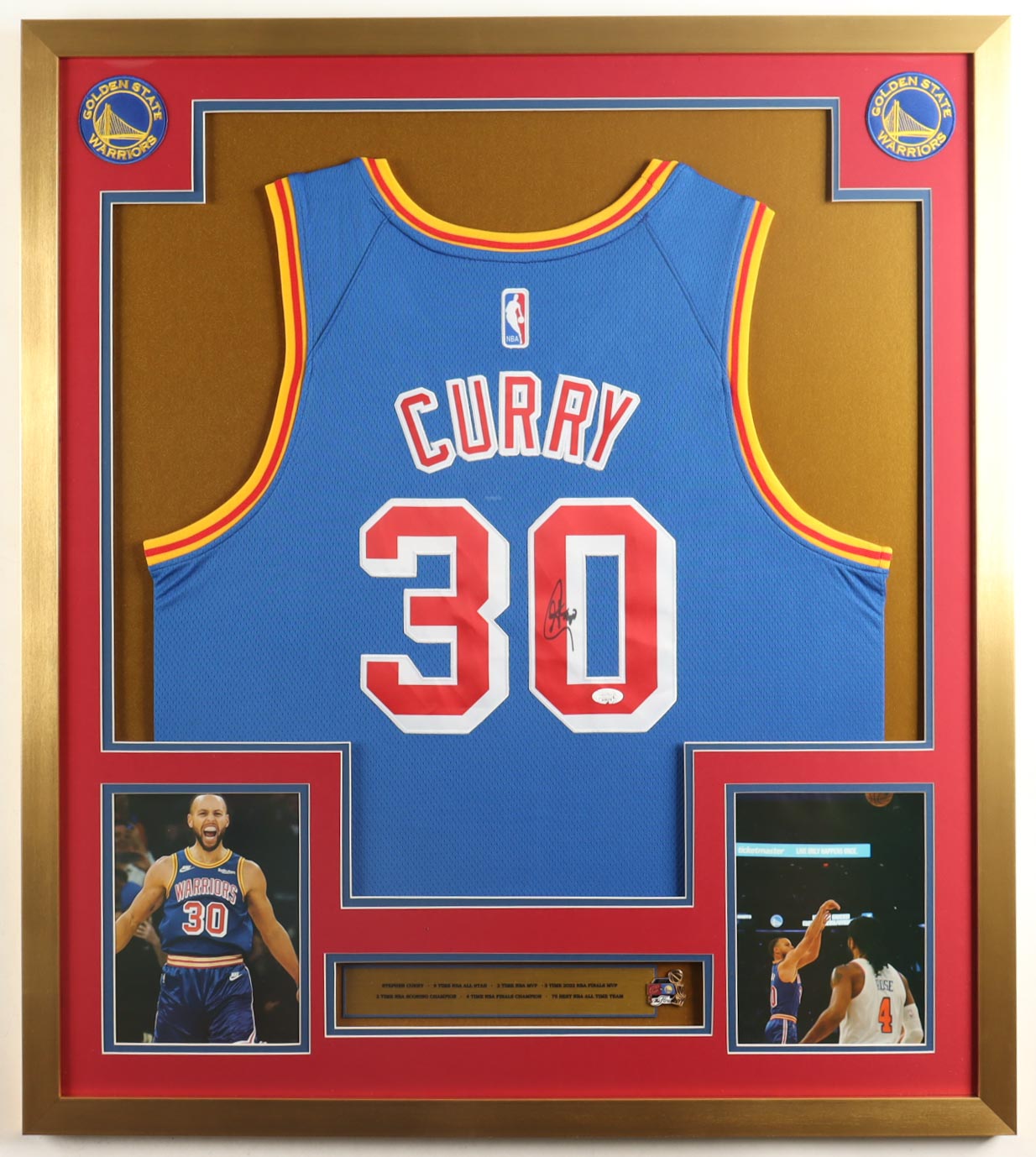 Stephen Curry Signed Custom Framed Jersey Display With 2017 NBA Finals Pin & (2) Cloth Team Logo Patches (JSA) at PristineAuction.com Stephen Curry Signed Custom Framed Jersey Display With 2017 NBA Finals Pin & (2) Cloth Team Logo Patches (JSA) at PristineAuction.com