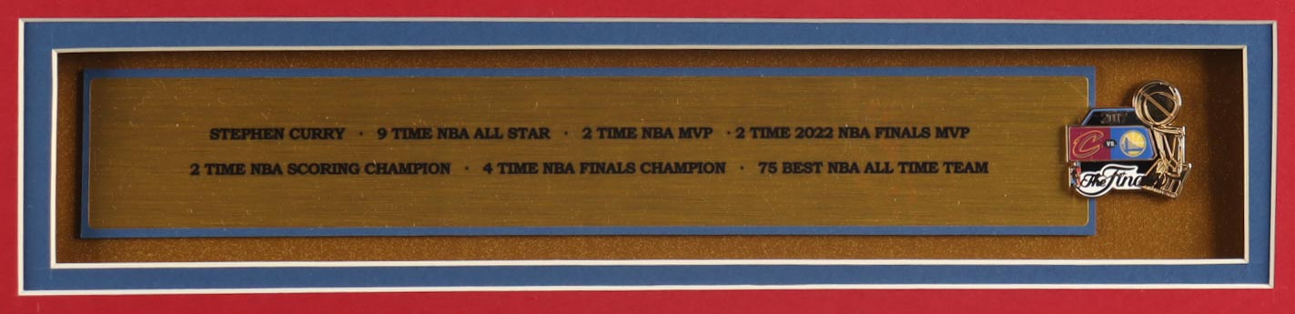 Stephen Curry Signed Custom Framed Jersey Display With 2017 NBA Finals Pin & (2) Cloth Team Logo Patches (JSA) at PristineAuction.com Stephen Curry Signed Custom Framed Jersey Display With 2017 NBA Finals Pin & (2) Cloth Team Logo Patches (JSA) at PristineAuction.com