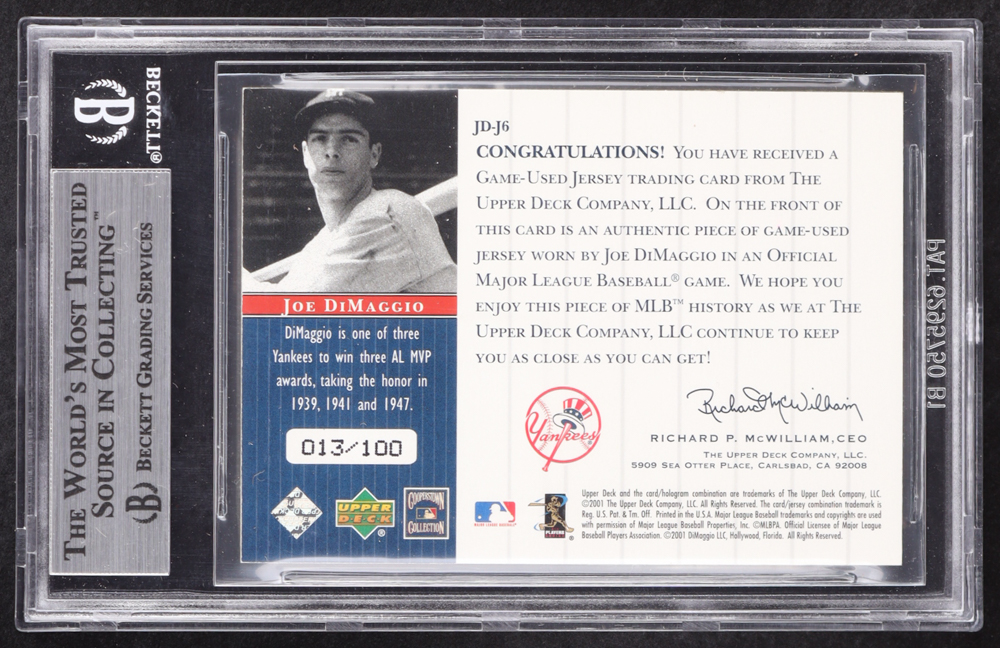 Joe DiMaggio 2001 Upper Deck Pinstripe Exclusives DiMaggio Memorabilia #J6 Jersey #013/100 (BGS 9) at PristineAuction.com Joe DiMaggio 2001 Upper Deck Pinstripe Exclusives DiMaggio Memorabilia #J6 Jersey #013/100 (BGS 9) at PristineAuction.com