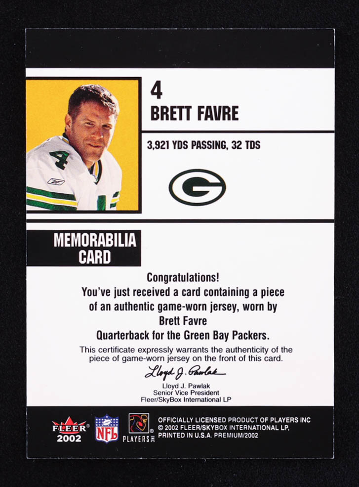 Brett Favre 2002 Fleer Premium Fantasy Team Memorabilia #2 at PristineAuction.com Brett Favre 2002 Fleer Premium Fantasy Team Memorabilia #2 at PristineAuction.com