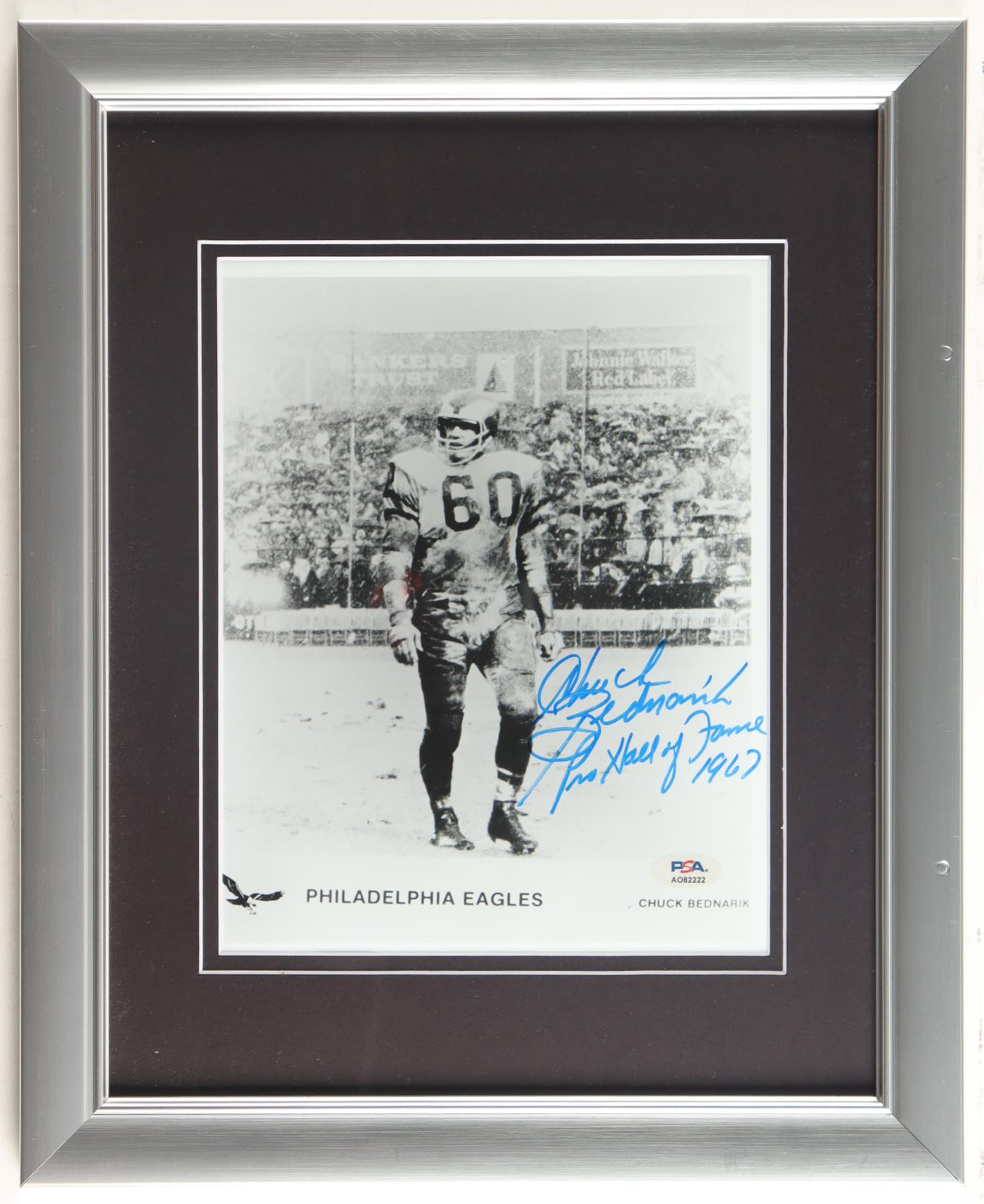 Chuck Bednarik Signed Eagles Custom Framed Photo Display Inscribed "Pro Hall Of Fame 1967" (PSA) at PristineAuction.com Chuck Bednarik Signed Eagles Custom Framed Photo Display Inscribed "Pro Hall Of Fame 1967" (PSA) at PristineAuction.com