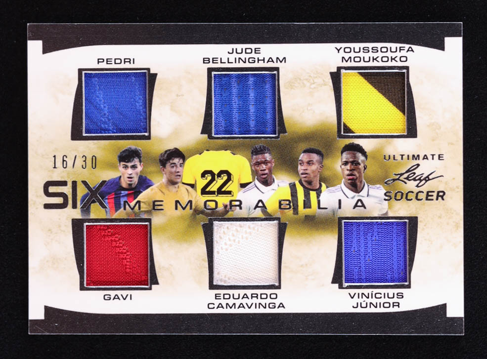 2023 Leaf Ultimate Soccer Six Memorabilia Silver #USM2 #16/30 Pedri / Jude Bellingham / Youssoufa Moukoko / Gavi / Eduardo Camavinga / Vinicius Junior at PristineAuction.com 2023 Leaf Ultimate Soccer Six Memorabilia Silver #USM2 #16/30 Pedri / Jude Bellingham / Youssoufa Moukoko / Gavi / Eduardo Camavinga / Vinicius Junior at PristineAuction.com