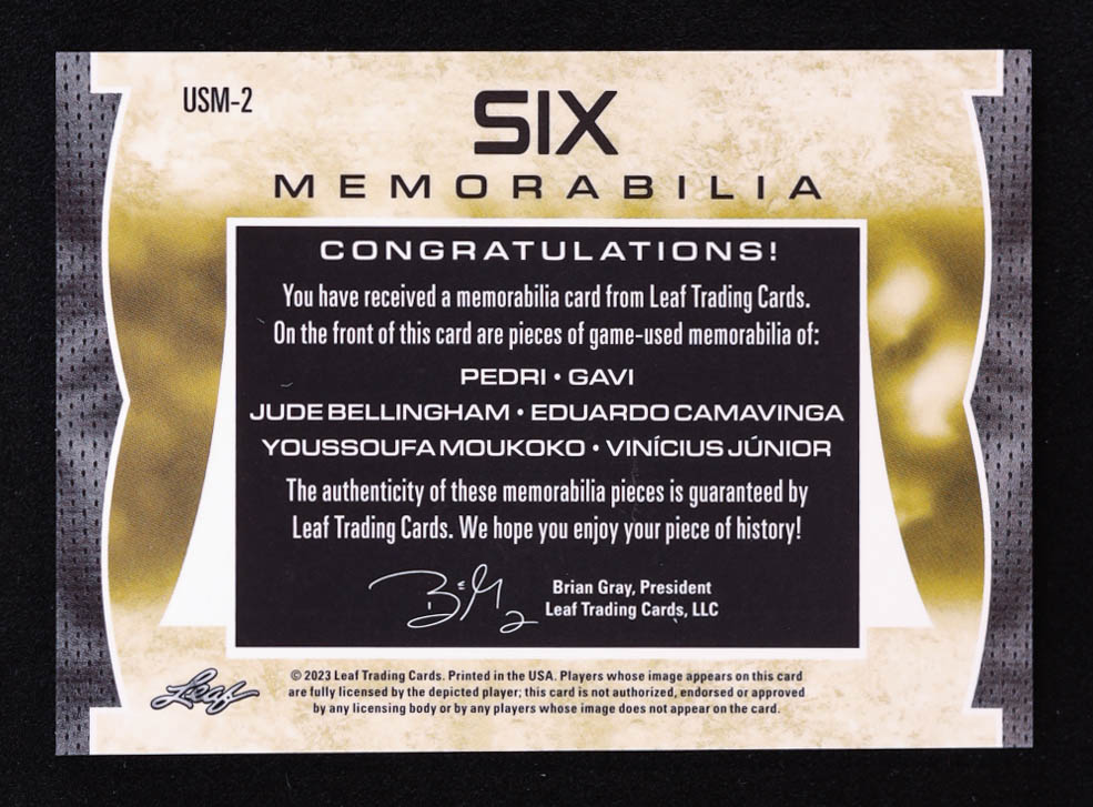 2023 Leaf Ultimate Soccer Six Memorabilia Silver #USM2 #16/30 Pedri / Jude Bellingham / Youssoufa Moukoko / Gavi / Eduardo Camavinga / Vinicius Junior at PristineAuction.com 2023 Leaf Ultimate Soccer Six Memorabilia Silver #USM2 #16/30 Pedri / Jude Bellingham / Youssoufa Moukoko / Gavi / Eduardo Camavinga / Vinicius Junior at PristineAuction.com