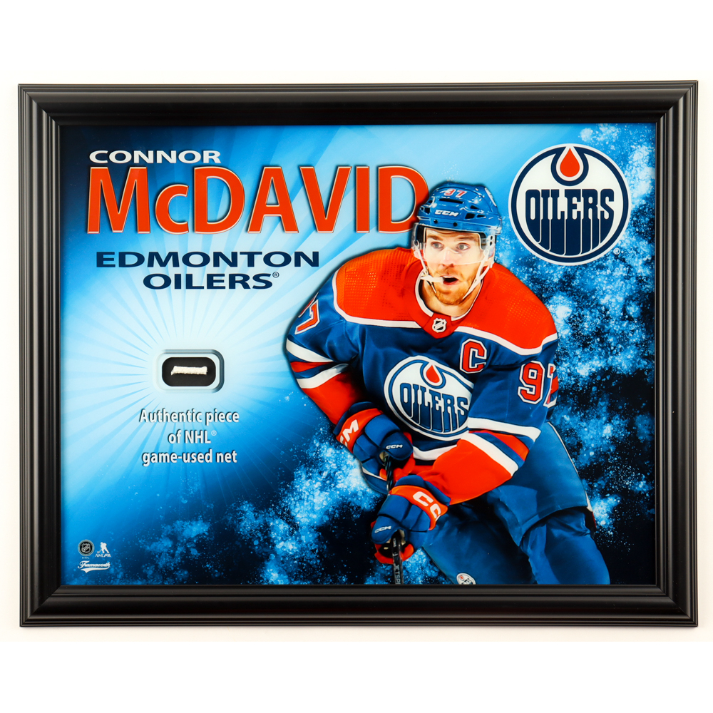 Connor McDavid Oilers Custom Framed Game-Used Goal Net Piece Display (FSM) at PristineAuction.com