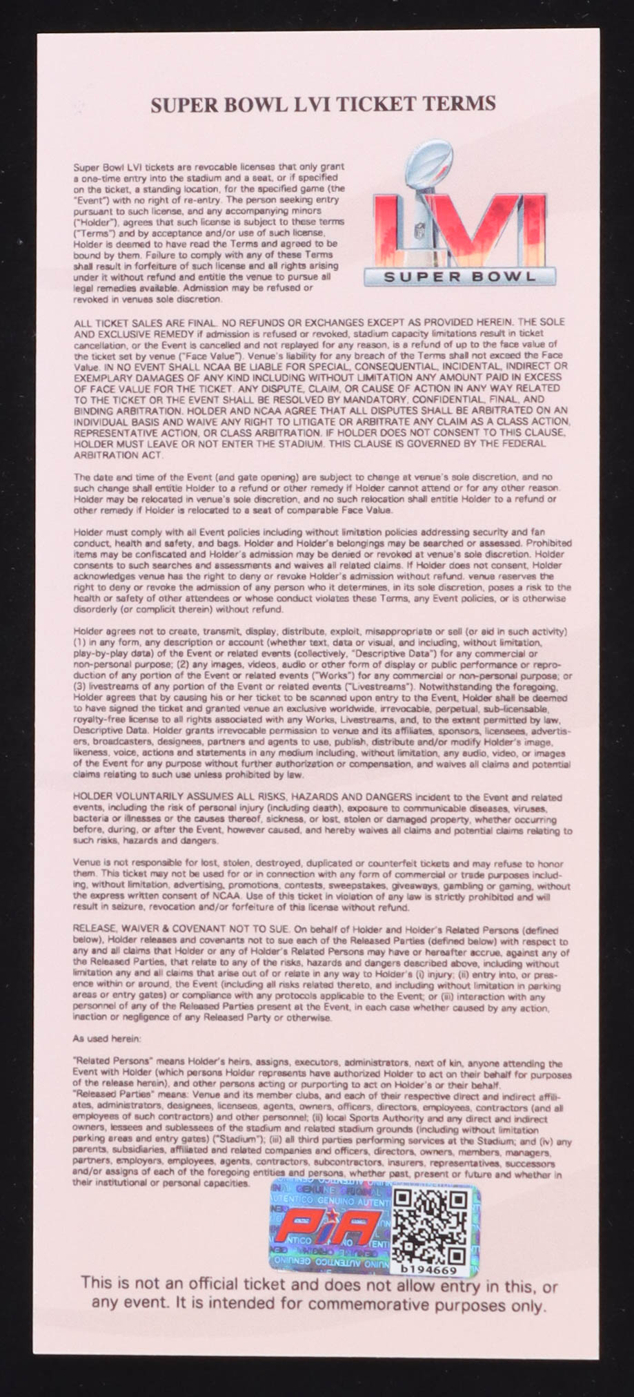Ja'Marr Chase Signed Super Bowl LVI Commemorative Ticket (PIA) at PristineAuction.com Ja'Marr Chase Signed Super Bowl LVI Commemorative Ticket (PIA) at PristineAuction.com