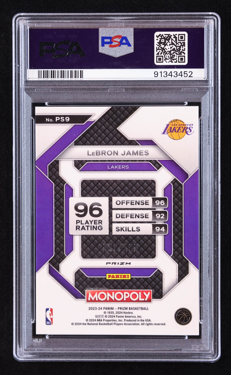 LeBron James 2023-24 Panini Prizm Monopoly All-Star Light Blue #PS9 #137/199 (PSA 10) at PristineAuction.com LeBron James 2023-24 Panini Prizm Monopoly All-Star Light Blue #PS9 #137/199 (PSA 10) at PristineAuction.com