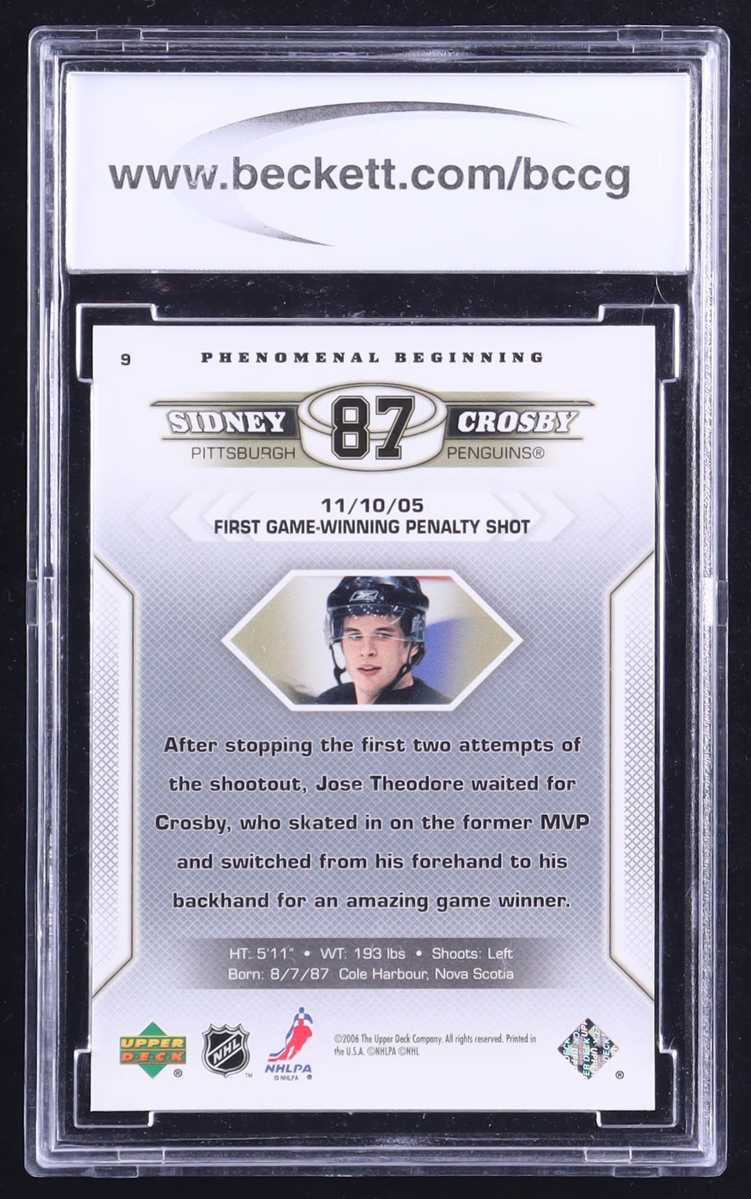 Sidney Crosby 2005-06 Upper Deck Phenomenal Beginnings #9 RC (BCCG 10) at PristineAuction.com Sidney Crosby 2005-06 Upper Deck Phenomenal Beginnings #9 RC (BCCG 10) at PristineAuction.com