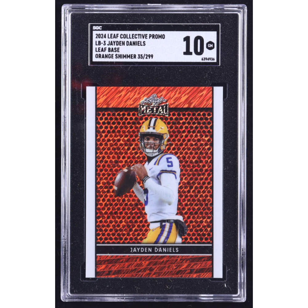 Jayden Daniels 2024 Leaf Press Pass Leaf Base Collective Promo Orange Shimmer #LB3 RC #35/299 (SGC 10) at PristineAuction.com