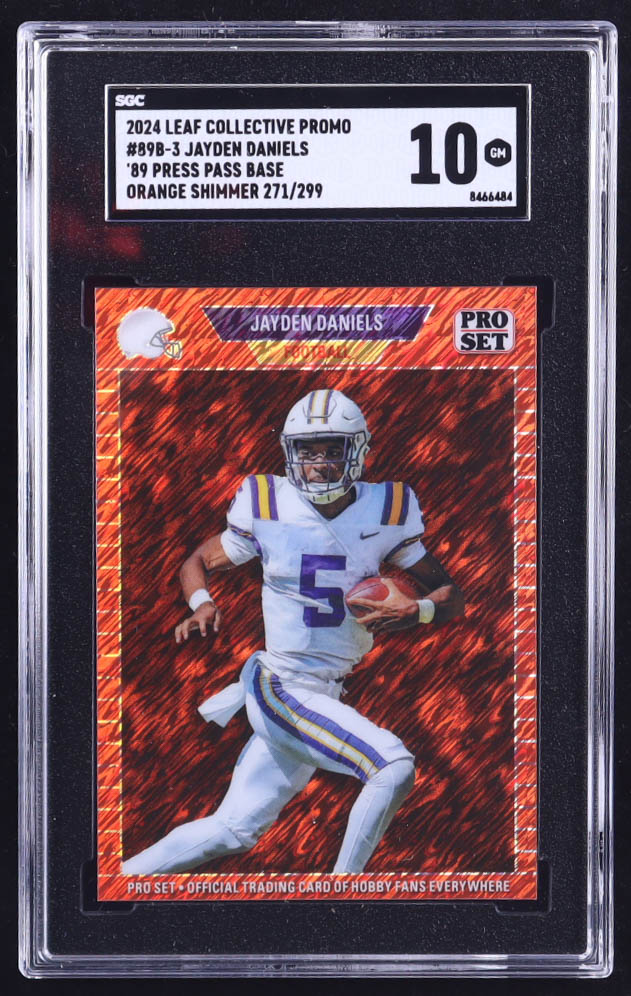 Jayden Daniels 2024 Leaf '89 Pro Set Base Collective Promo Orange Shimmer #89B3 RC #271/299 (SGC 10) at PristineAuction.com Jayden Daniels 2024 Leaf '89 Pro Set Base Collective Promo Orange Shimmer #89B3 RC #271/299 (SGC 10) at PristineAuction.com