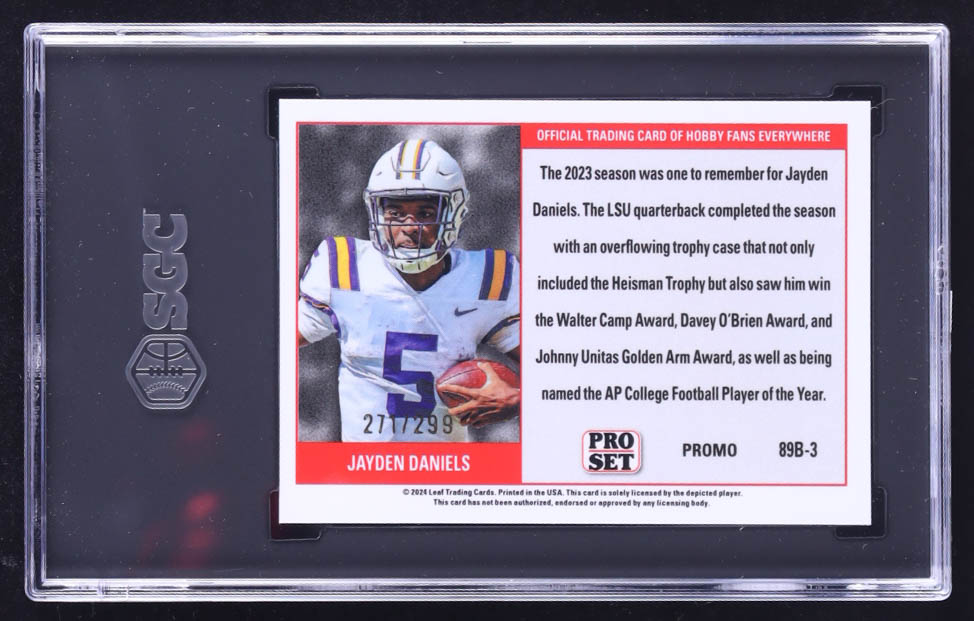Jayden Daniels 2024 Leaf '89 Pro Set Base Collective Promo Orange Shimmer #89B3 RC #271/299 (SGC 10) at PristineAuction.com Jayden Daniels 2024 Leaf '89 Pro Set Base Collective Promo Orange Shimmer #89B3 RC #271/299 (SGC 10) at PristineAuction.com