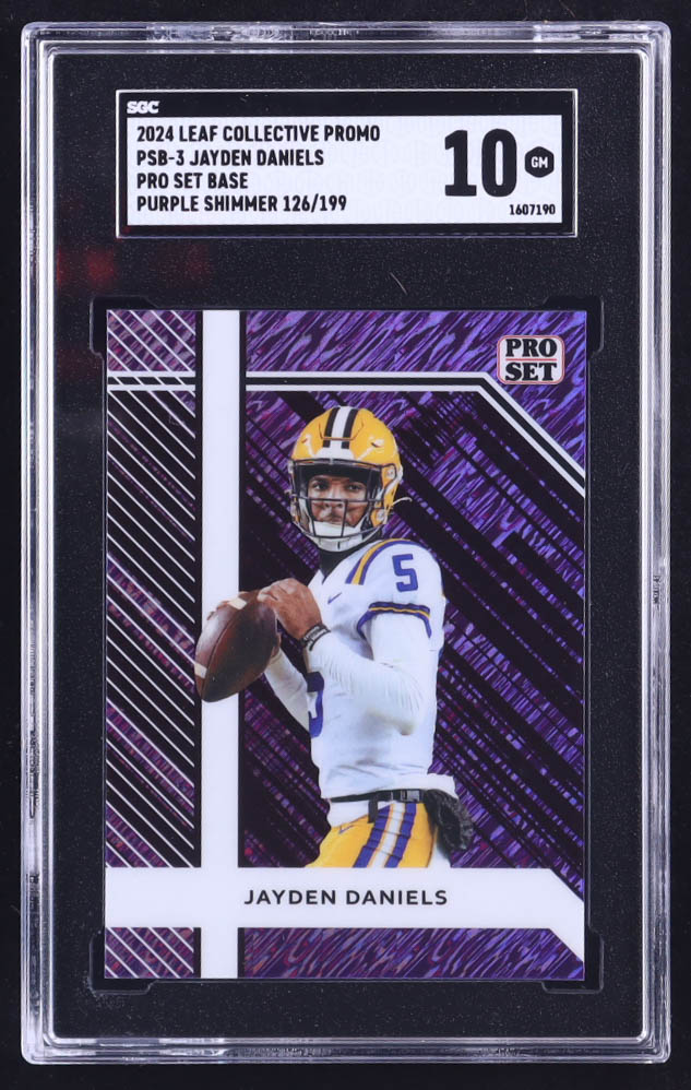 Jayden Daniels 2024 Leaf Pro Set Base Collective Promo Purple Shimmer #PSB3 RC #126/199 (SGC 10) at PristineAuction.com Jayden Daniels 2024 Leaf Pro Set Base Collective Promo Purple Shimmer #PSB3 RC #126/199 (SGC 10) at PristineAuction.com