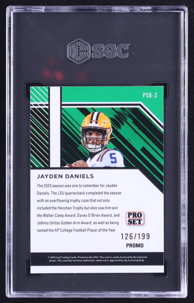 Jayden Daniels 2024 Leaf Pro Set Base Collective Promo Purple Shimmer #PSB3 RC #126/199 (SGC 10) at PristineAuction.com Jayden Daniels 2024 Leaf Pro Set Base Collective Promo Purple Shimmer #PSB3 RC #126/199 (SGC 10) at PristineAuction.com