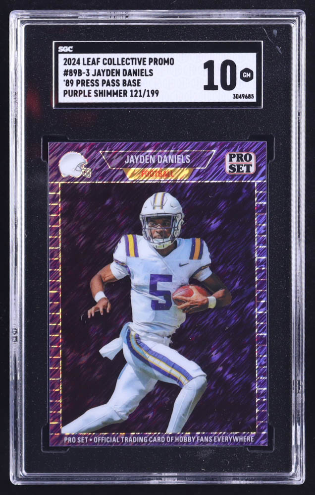 Jayden Daniels 2024 Leaf '89 Pro Set Base Collective Promo Purple Shimmer #89B3 RC #121/199 (SGC 10) at PristineAuction.com Jayden Daniels 2024 Leaf '89 Pro Set Base Collective Promo Purple Shimmer #89B3 RC #121/199 (SGC 10) at PristineAuction.com