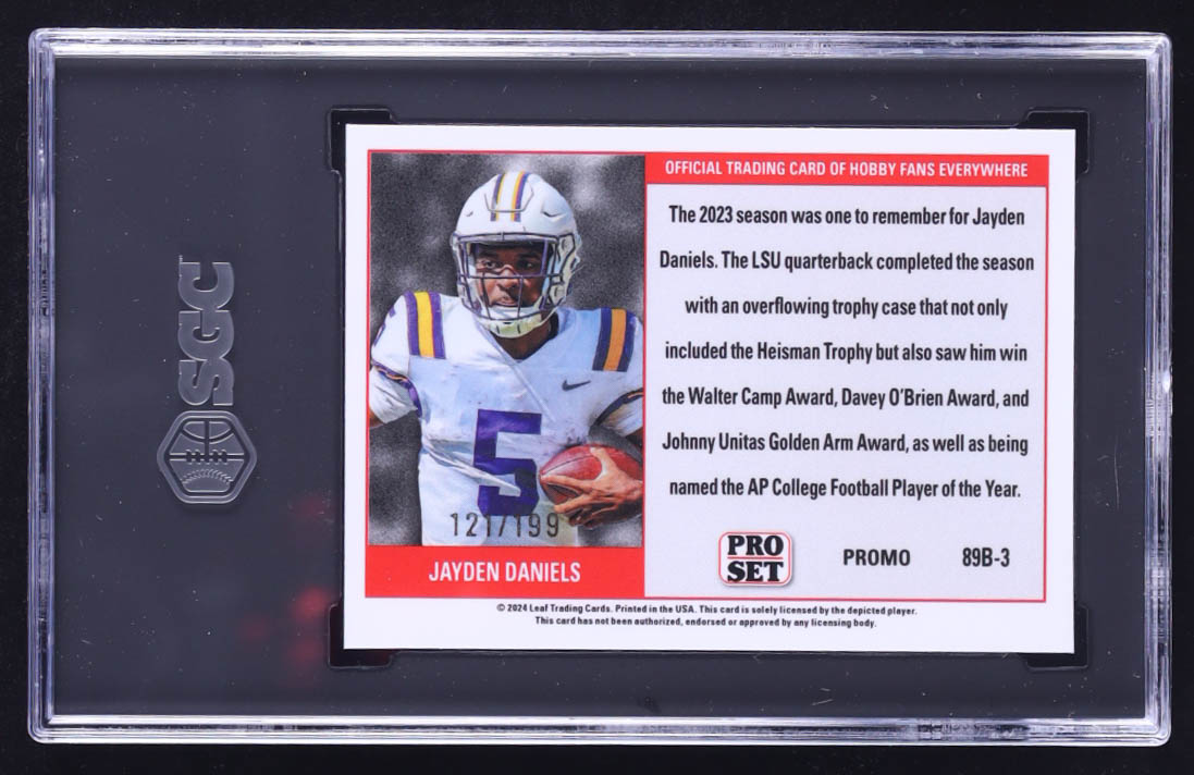 Jayden Daniels 2024 Leaf '89 Pro Set Base Collective Promo Purple Shimmer #89B3 RC #121/199 (SGC 10) at PristineAuction.com Jayden Daniels 2024 Leaf '89 Pro Set Base Collective Promo Purple Shimmer #89B3 RC #121/199 (SGC 10) at PristineAuction.com