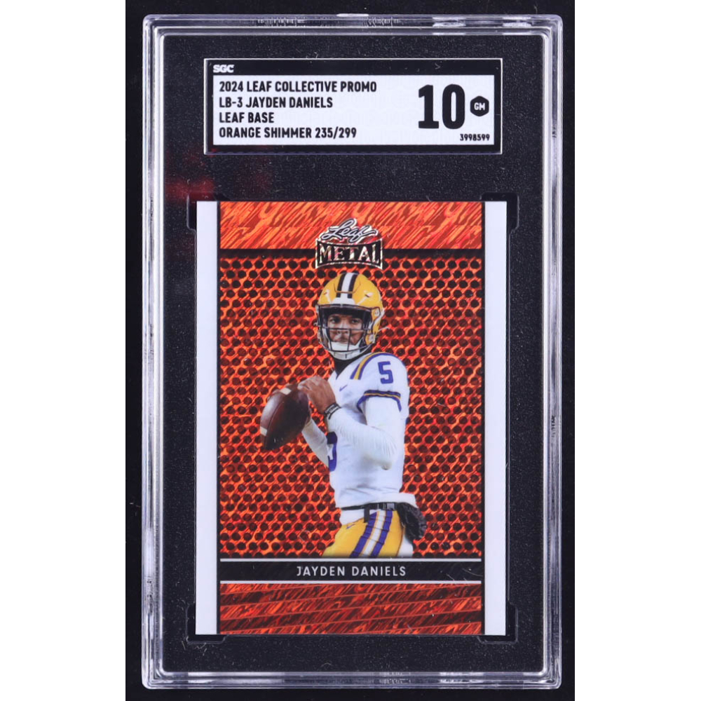 Jayden Daniels 2024 Leaf Press Pass Leaf Base Collective Promo Orange Shimmer #LB3 RC #235/299 (SGC 10) at PristineAuction.com