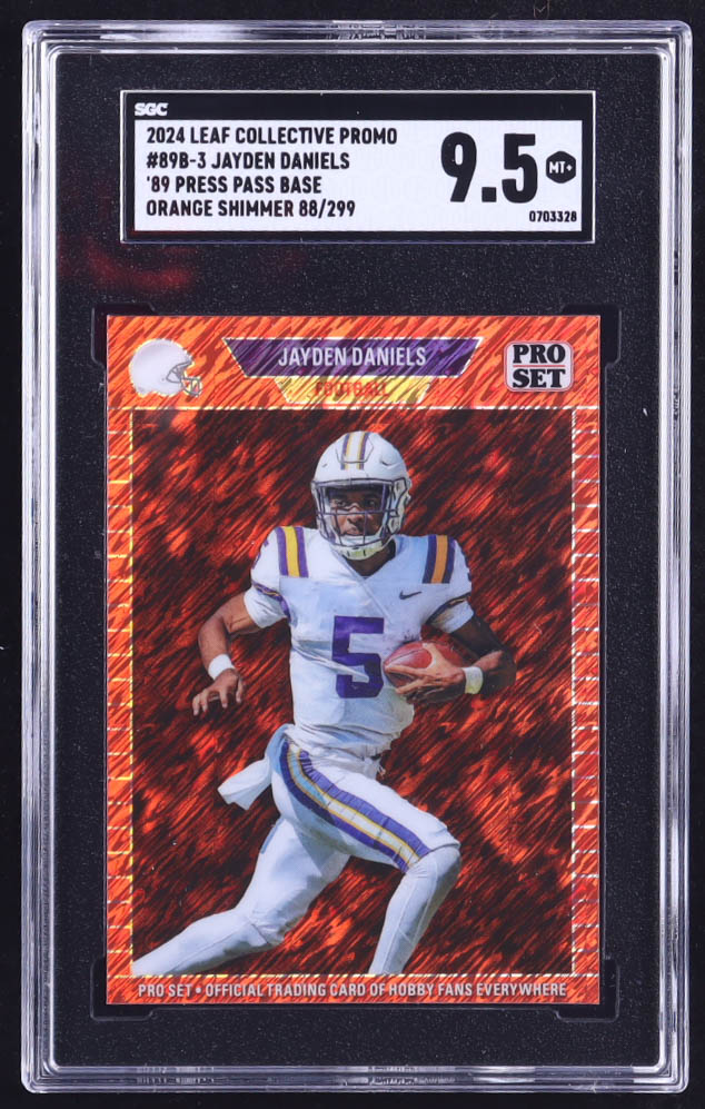 Jayden Daniels 2024 Leaf '89 Pro Set Base Collective Promo Orange Shimmer #89B3 RC #88/299 (SGC 9.5) at PristineAuction.com Jayden Daniels 2024 Leaf '89 Pro Set Base Collective Promo Orange Shimmer #89B3 RC #88/299 (SGC 9.5) at PristineAuction.com