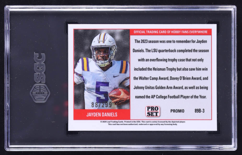 Jayden Daniels 2024 Leaf '89 Pro Set Base Collective Promo Orange Shimmer #89B3 RC #88/299 (SGC 9.5) at PristineAuction.com Jayden Daniels 2024 Leaf '89 Pro Set Base Collective Promo Orange Shimmer #89B3 RC #88/299 (SGC 9.5) at PristineAuction.com