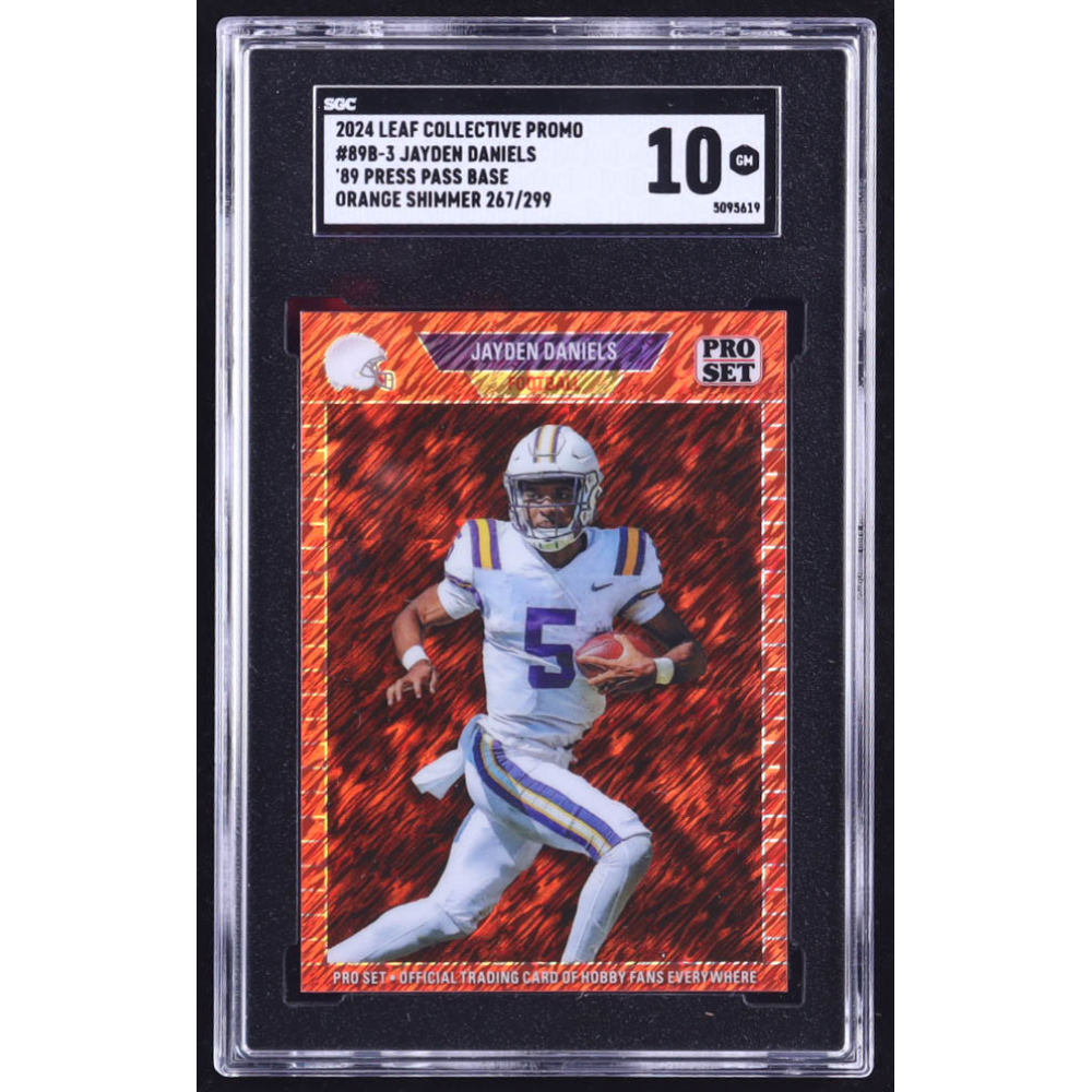Jayden Daniels 2024 Leaf '89 Pro Set Base Collective Promo Orange Shimmer #89B3 RC #267/299 (SGC 10) at PristineAuction.com Jayden Daniels 2024 Leaf '89 Pro Set Base Collective Promo Orange Shimmer #89B3 RC #267/299 (SGC 10) at PristineAuction.com