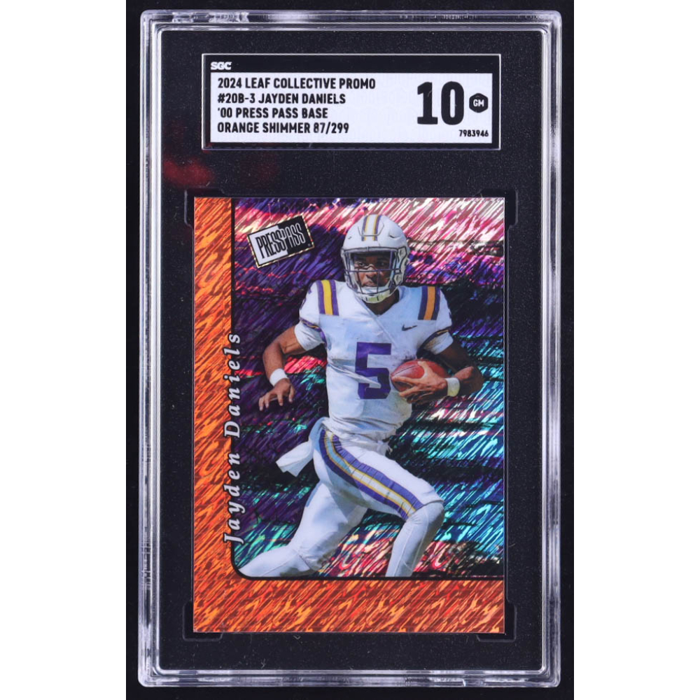 Jayden Daniels 2024 Leaf '00 Press Pass Base Collective Promo Orange Shimmer #20B3 RC #87/299 (SGC 10) at PristineAuction.com