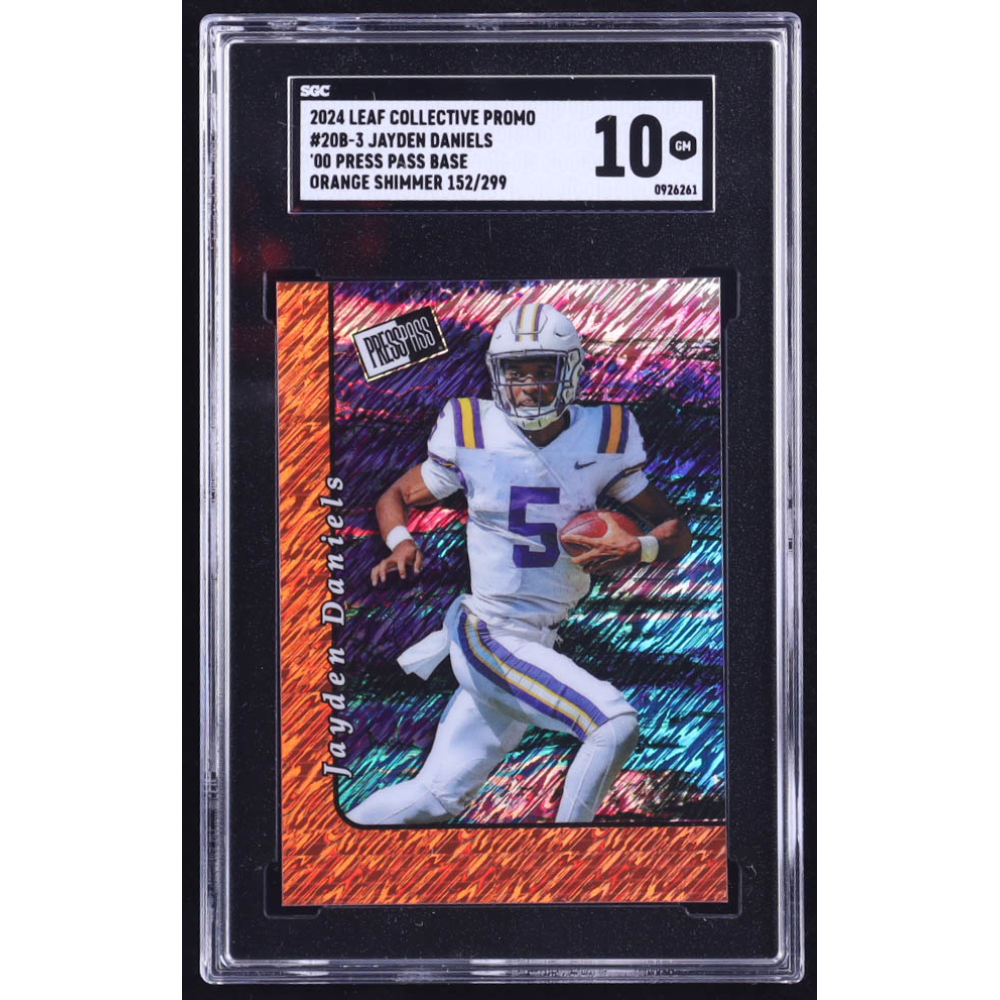 Jayden Daniels 2024 Leaf '00 Press Pass Base Collective Promo Orange Shimmer #20B3 RC #152/299 (SGC 10) at PristineAuction.com