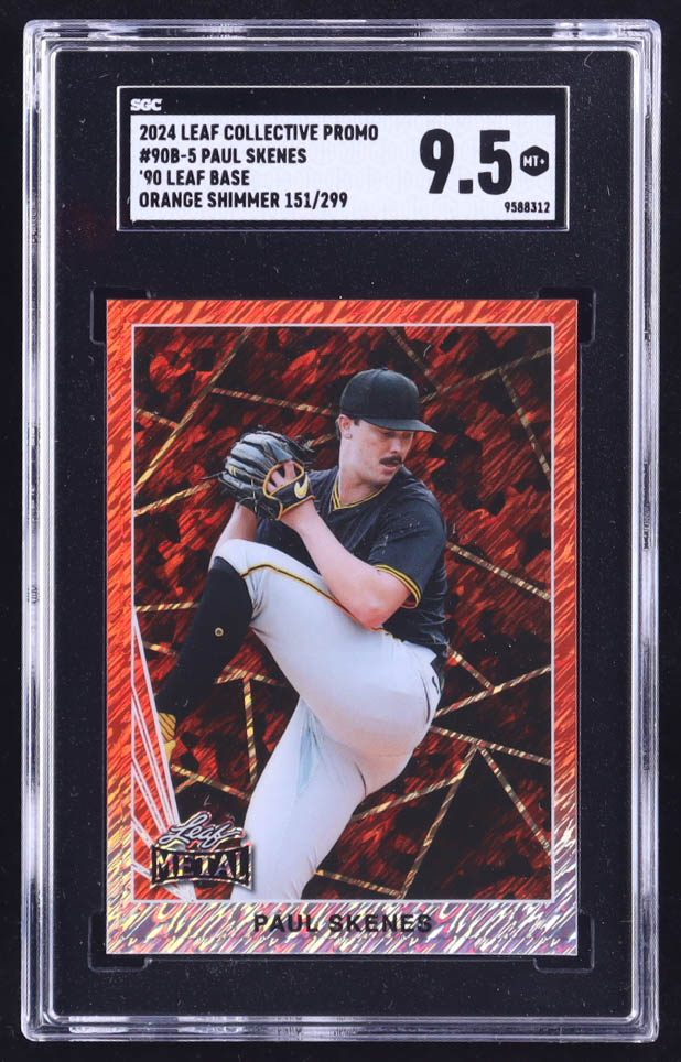Paul Skenes 2024 Leaf '90 Leaf Base Collective Promo Orange Shimmer #90B5 RC #151/299 (SGC 9.5) at PristineAuction.com Paul Skenes 2024 Leaf '90 Leaf Base Collective Promo Orange Shimmer #90B5 RC #151/299 (SGC 9.5) at PristineAuction.com