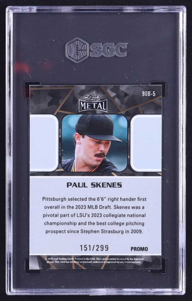 Paul Skenes 2024 Leaf '90 Leaf Base Collective Promo Orange Shimmer #90B5 RC #151/299 (SGC 9.5) at PristineAuction.com Paul Skenes 2024 Leaf '90 Leaf Base Collective Promo Orange Shimmer #90B5 RC #151/299 (SGC 9.5) at PristineAuction.com